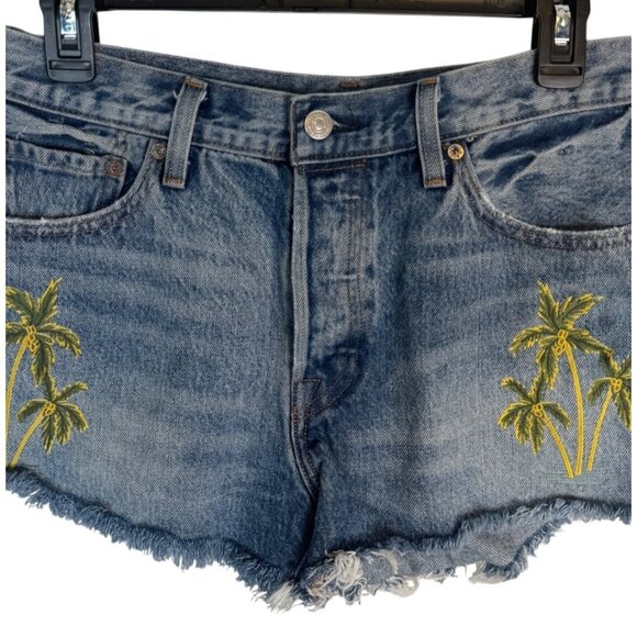 Levis 501 Size 28 Blue Denim Shorts With Yellow Embroidered Palm Trees - Picture 7 of 12